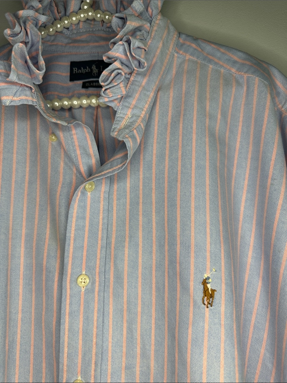 Re-worked Ralph Lauren Light Blue & Pink Striped Ruffled collar Shirt